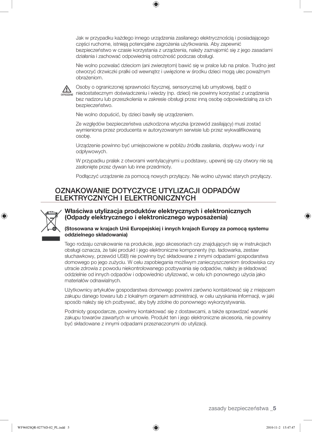 Samsung WF9602SQR/XEH manual Zasady bezpieczeństwa 