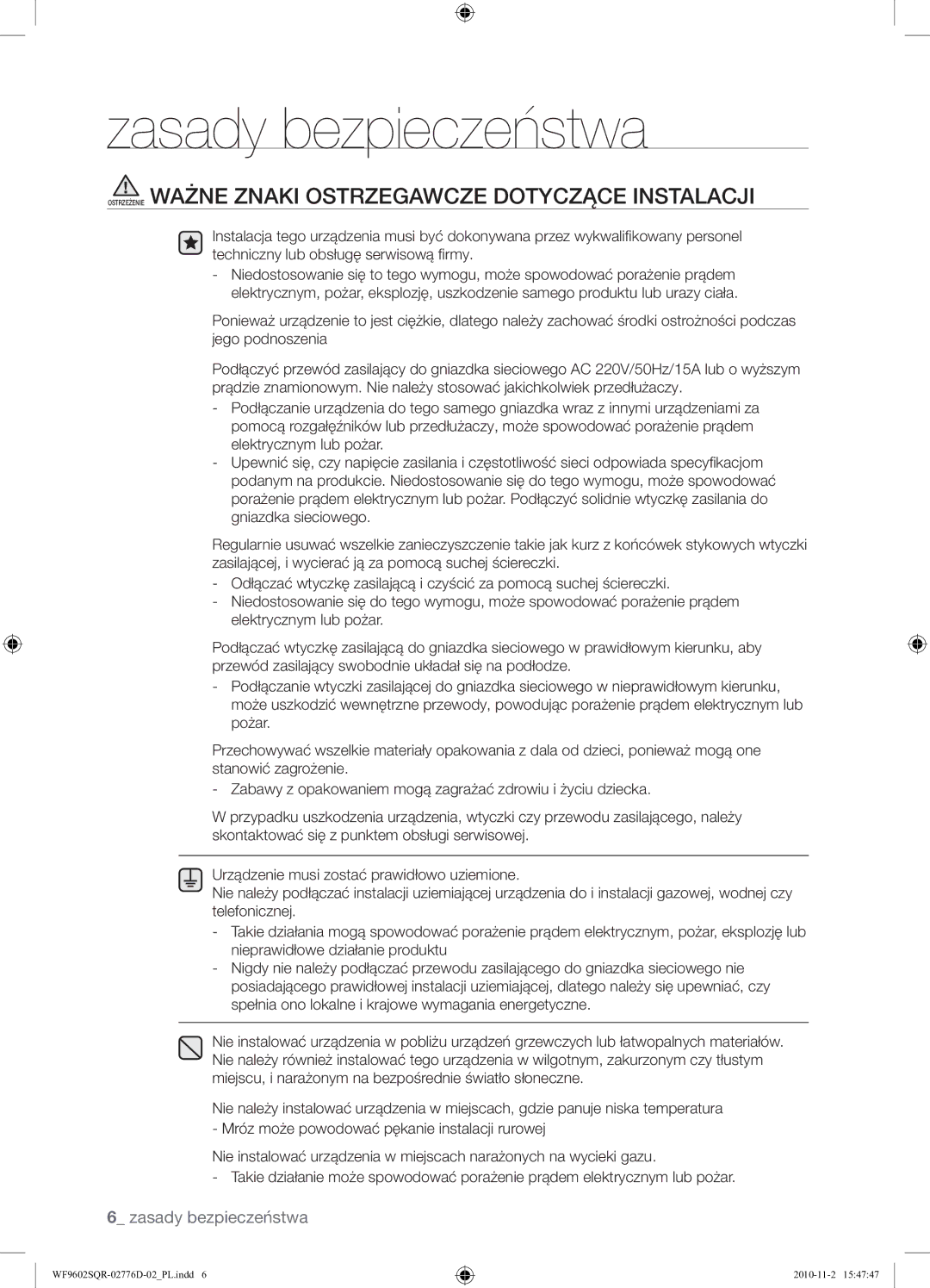 Samsung WF9602SQR/XEH manual Ostrzeżenie Ważne Znaki Ostrzegawcze Dotyczące Instalacji 