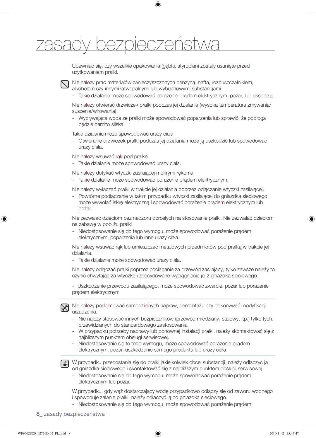 Samsung WF9602SQR/XEH manual Zasady bezpieczeństwa 