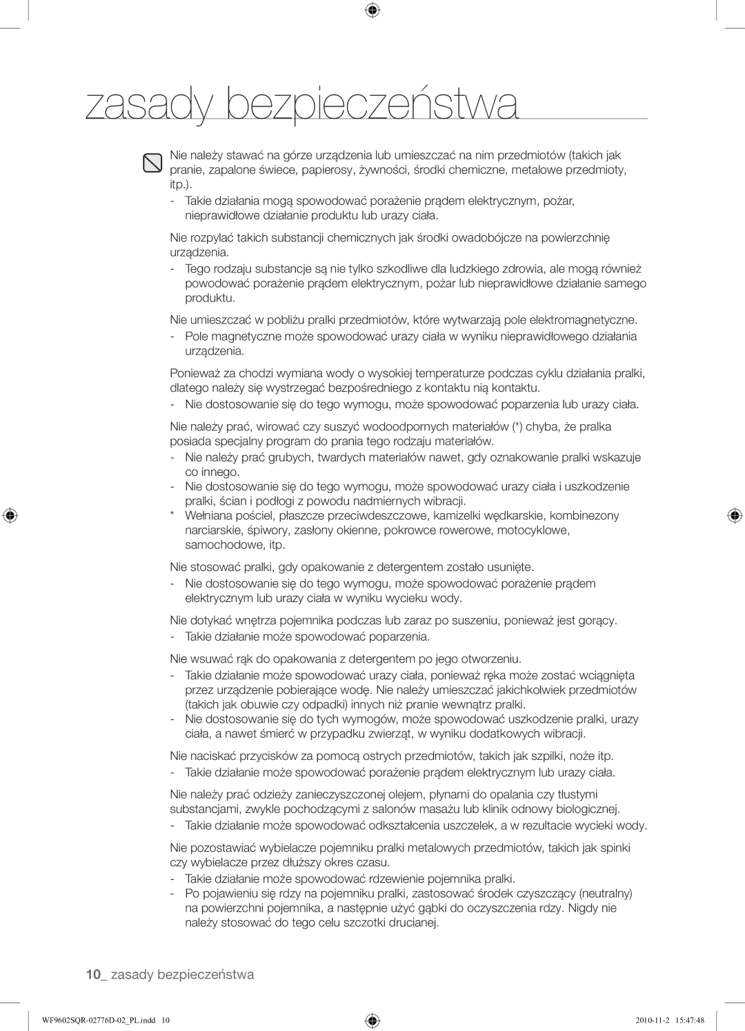 Samsung WF9602SQR/XEH manual Zasady bezpieczeństwa 