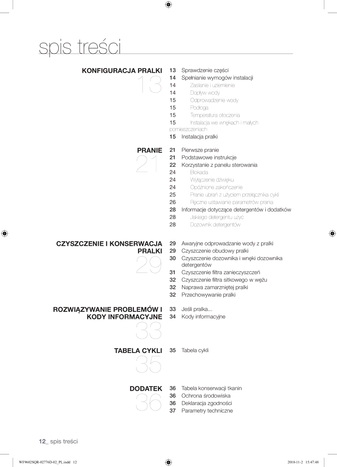 Samsung WF9602SQR/XEH manual Spis treści 