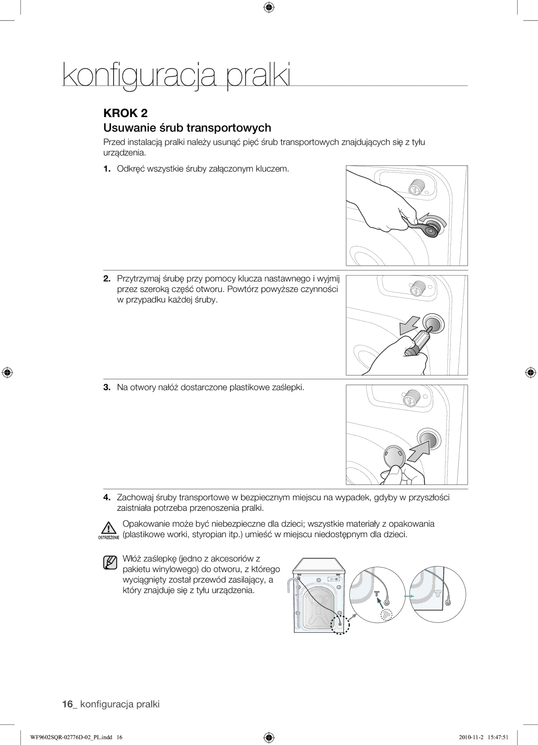 Samsung WF9602SQR/XEH manual Usuwanie śrub transportowych 