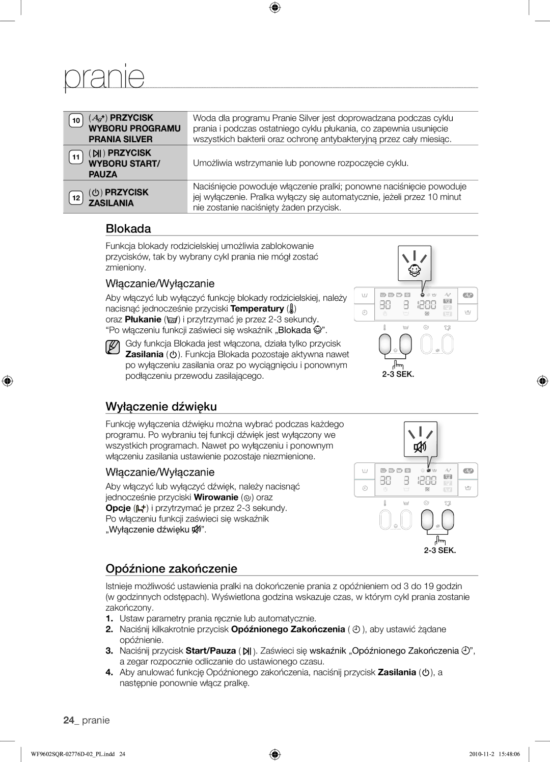 Samsung WF9602SQR/XEH manual Wyłączenie dźwięku, Włączanie/Wyłączanie 