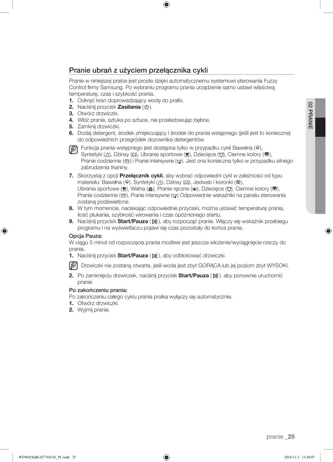 Samsung WF9602SQR/XEH manual Pranie ubrań z użyciem przełącznika cykli 