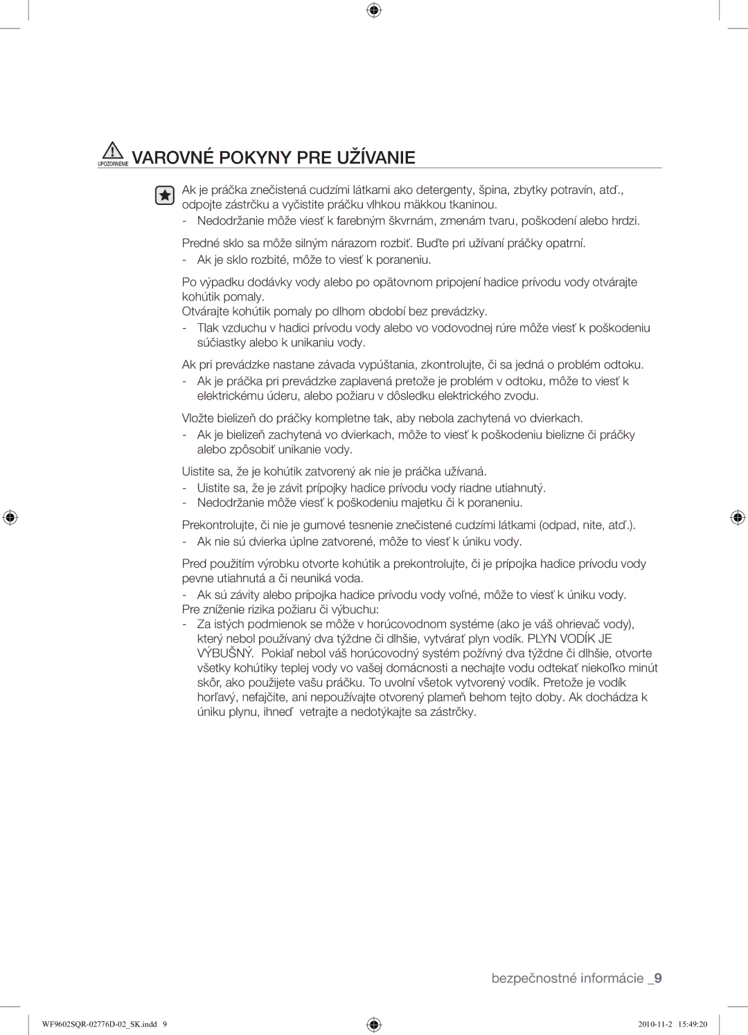 Samsung WF9602SQR/XEH manual Upozornenie Varovné Pokyny PRE Užívanie 