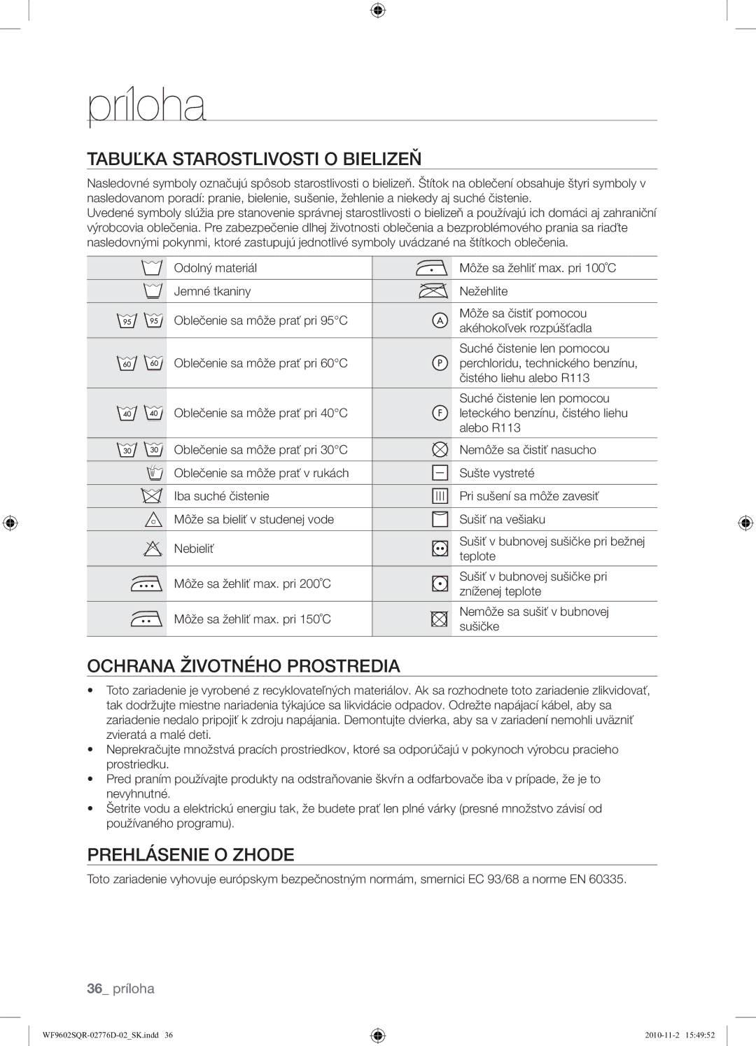 Samsung WF9602SQR/XEH manual Príloha, Tabuľka Starostlivosti O Bielizeň, Ochrana Životného Prostredia, Prehlásenie O Zhode 