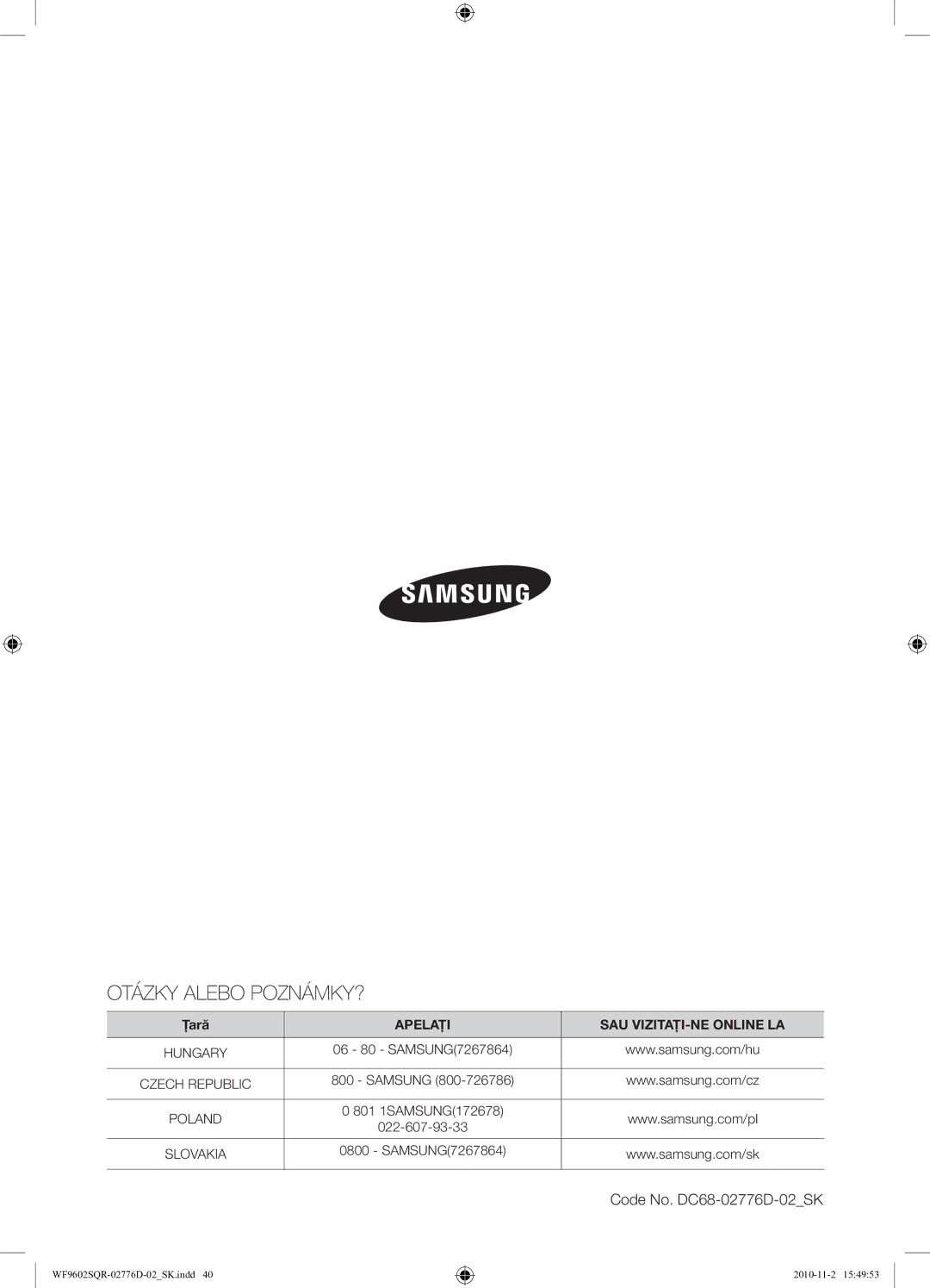 Samsung WF9602SQR/XEH manual Otázky Alebo POZNÁMKY?, Code No. DC68-02776D-02SK 