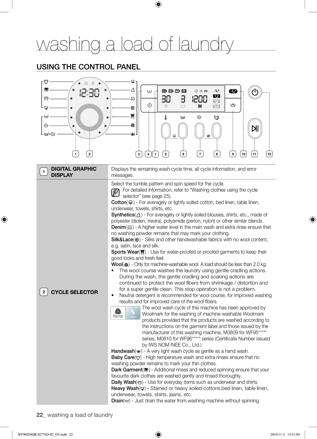 Samsung WF9602SQR/XEH manual Using the Control Panel, Cycle Selector, Results and for improved care of the wool fibers 