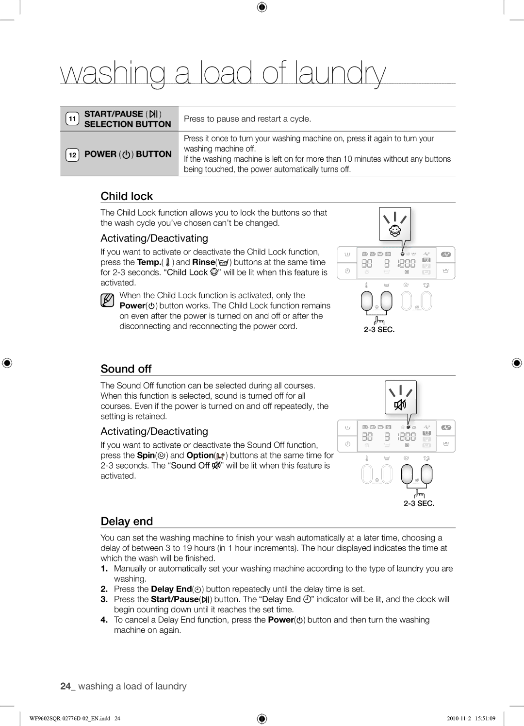 Samsung WF9602SQR/XEH manual Sound off, Activating/Deactivating, Start/Pause, Power Button 