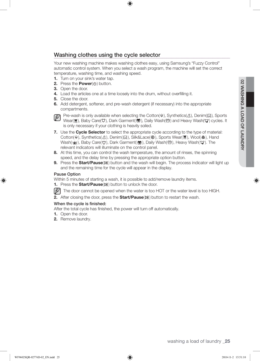 Samsung WF9602SQR/XEH manual Washing clothes using the cycle selector 