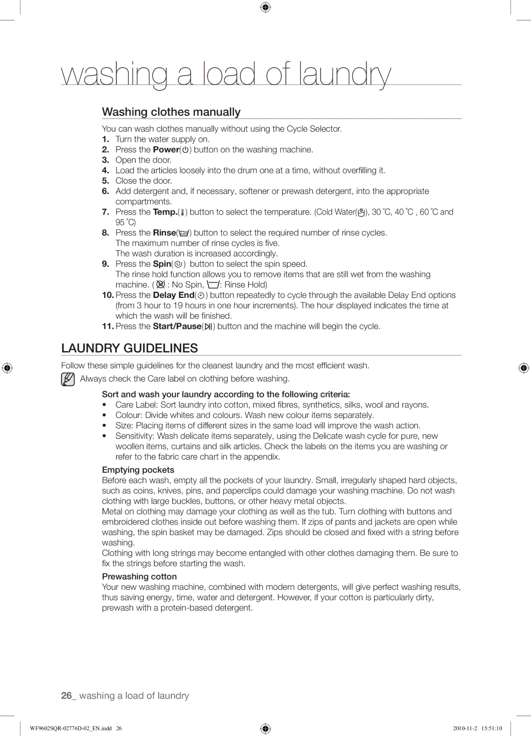 Samsung WF9602SQR/XEH Laundry Guidelines, Washing clothes manually 