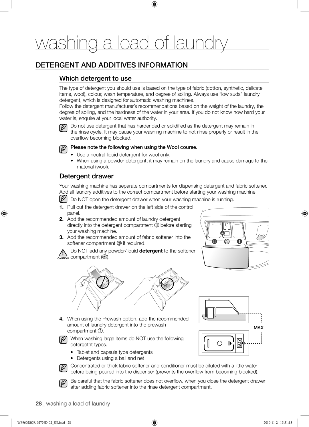 Samsung WF9602SQR/XEH manual Detergent and Additives Information, Which detergent to use, Detergent drawer 