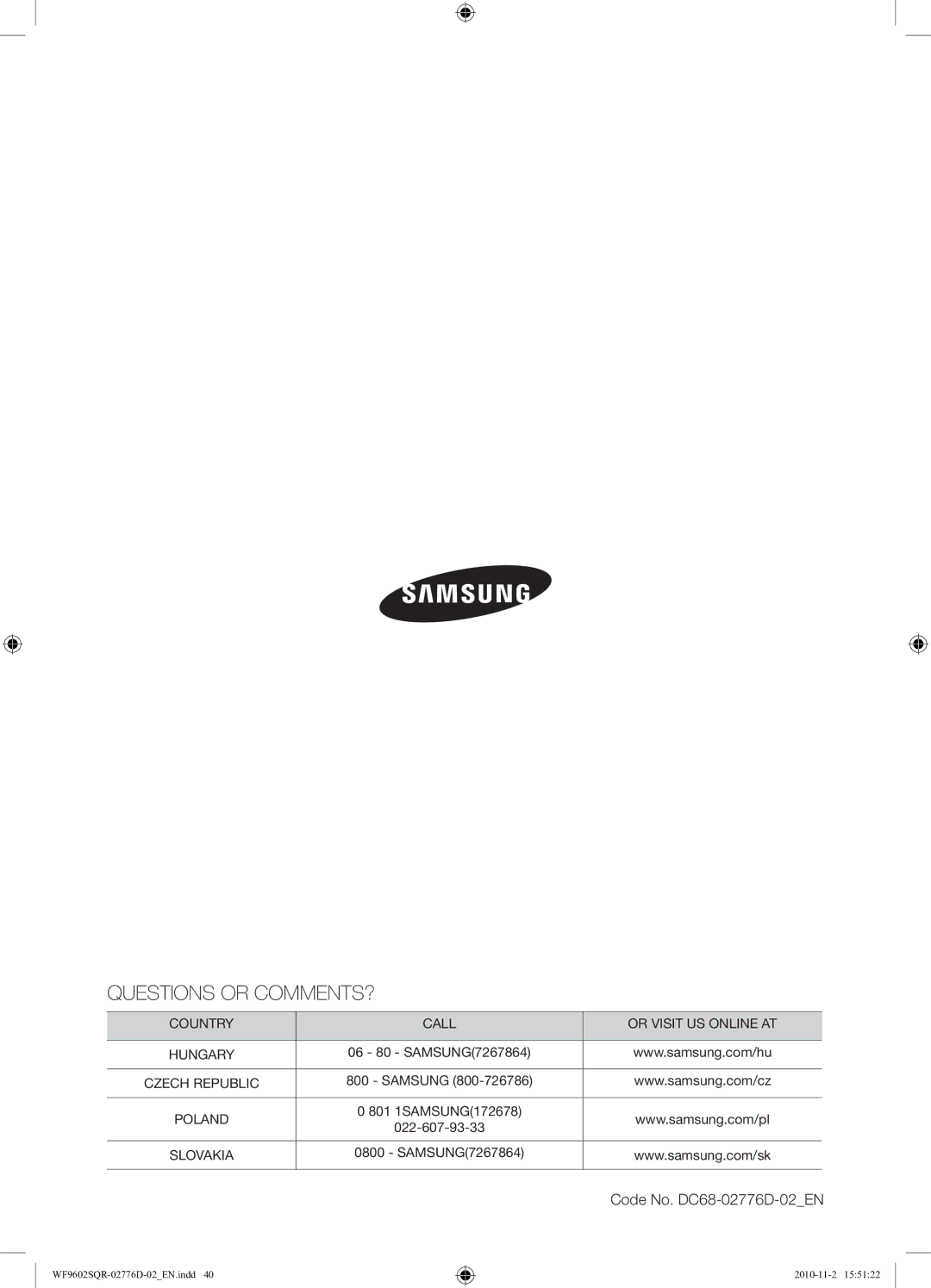 Samsung WF9602SQR/XEH manual Questions or COMMENTS?, Code No. DC68-02776D-02EN 