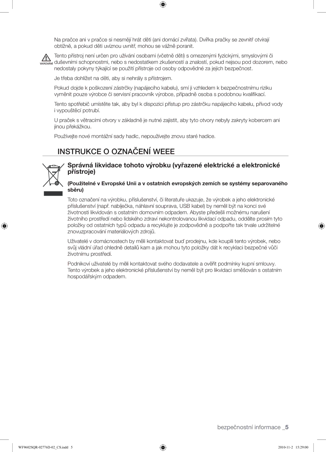 Samsung WF9602SQR/XEH manual Instrukce O Označení Weee 