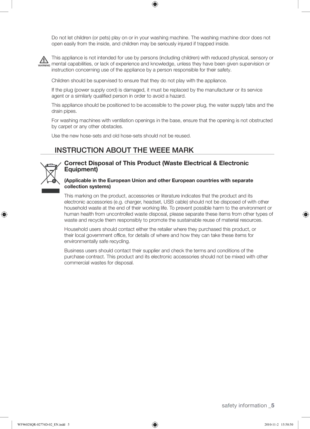 Samsung WF9602SQR/XEH manual Instruction about the Weee Mark 