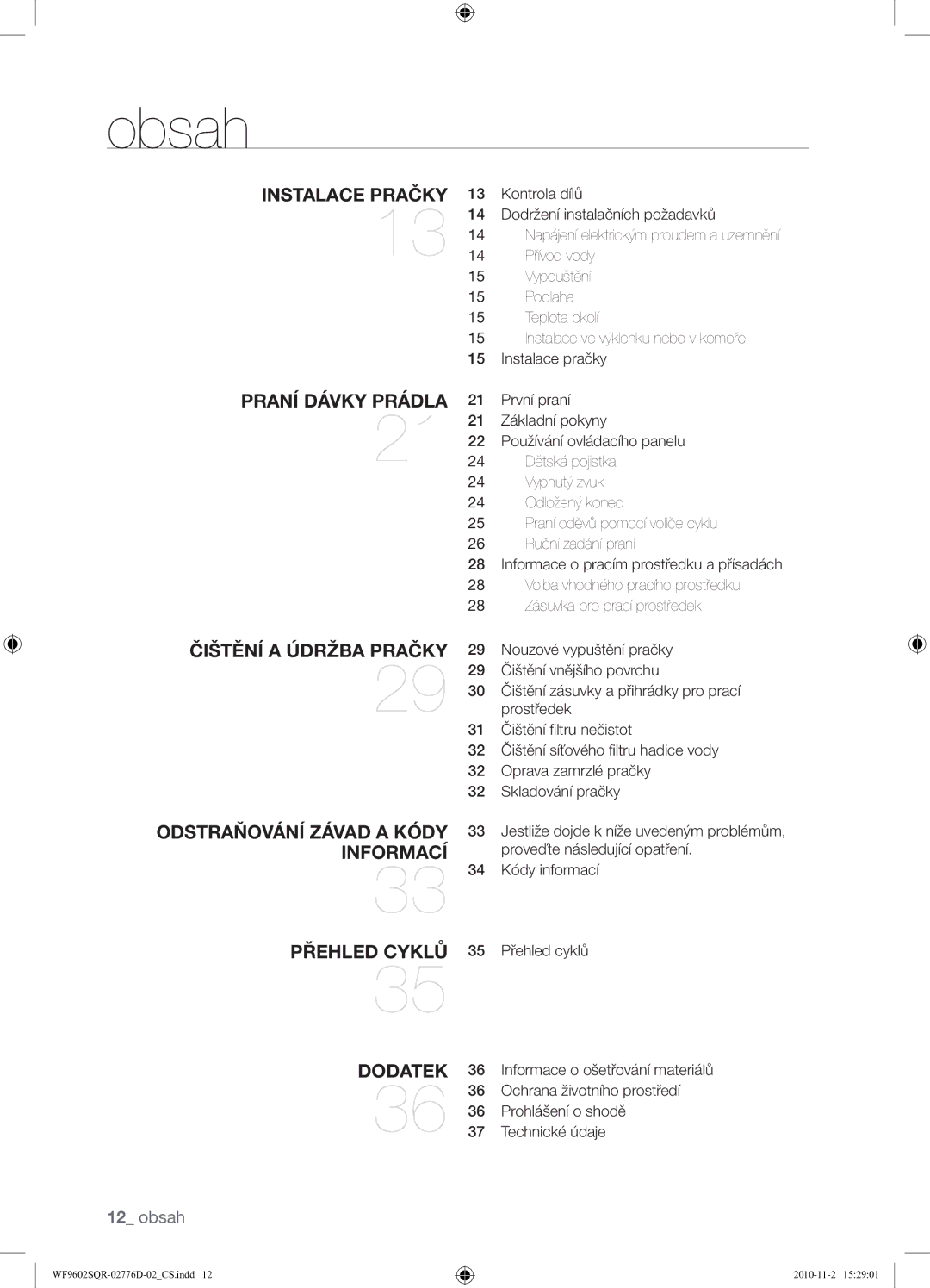 Samsung WF9602SQR/XEH manual Obsah 