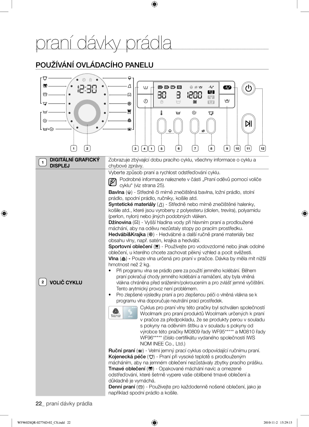 Samsung WF9602SQR/XEH manual Používání Ovládacího Panelu, Volič Cyklu 