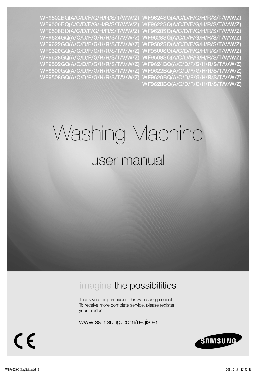 Samsung WF9622SQR/YLE manual Washing Machine 