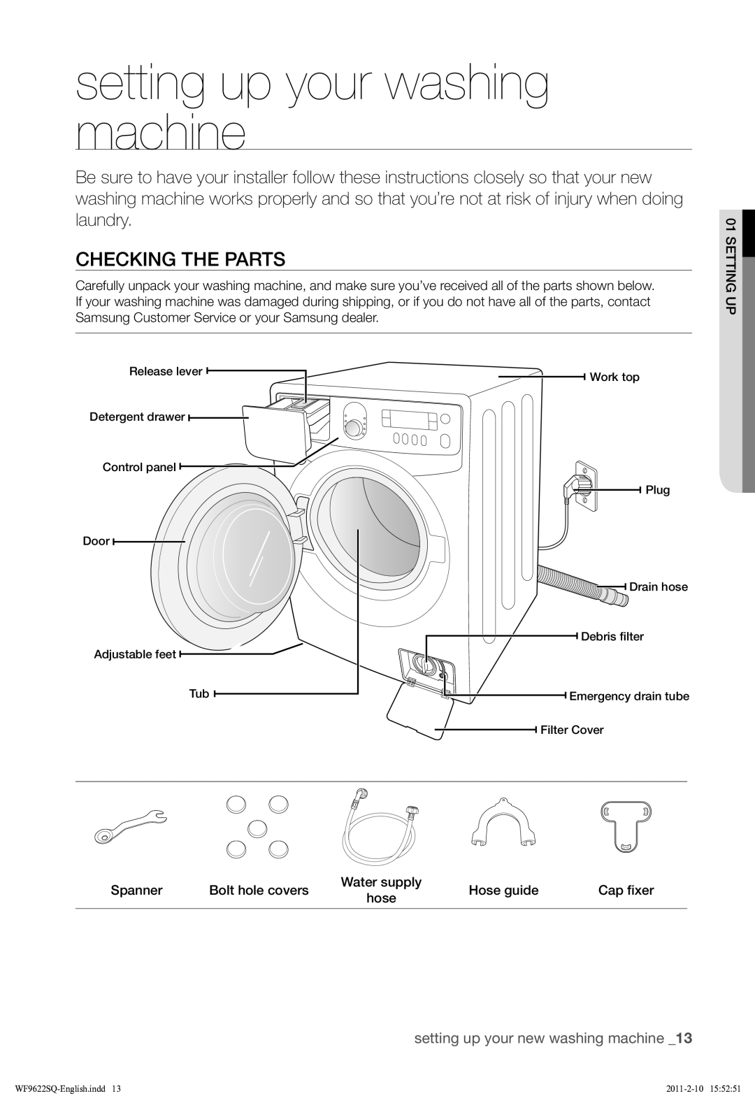 Samsung WF9622SQR/YLE manual Setting up your washing machine, Checking the Parts 