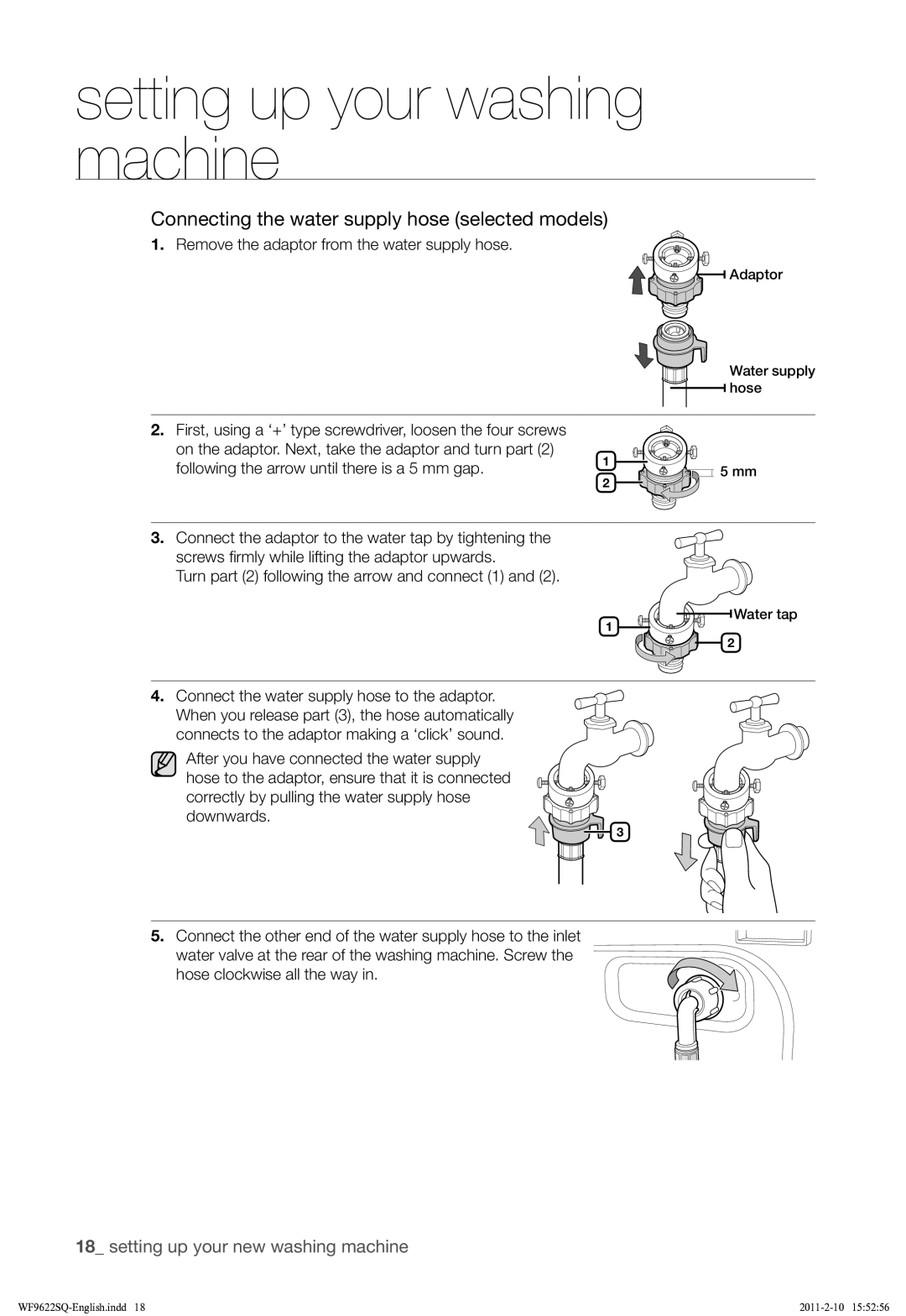 Samsung WF9622SQR/YLE Connecting the water supply hose selected models, Remove the adaptor from the water supply hose 