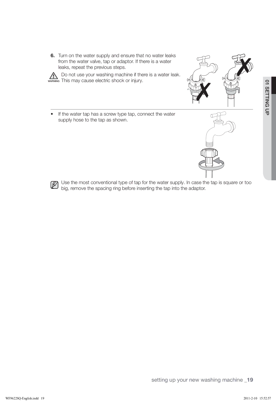 Samsung WF9622SQR/YLE manual Setting up your new washing machine 