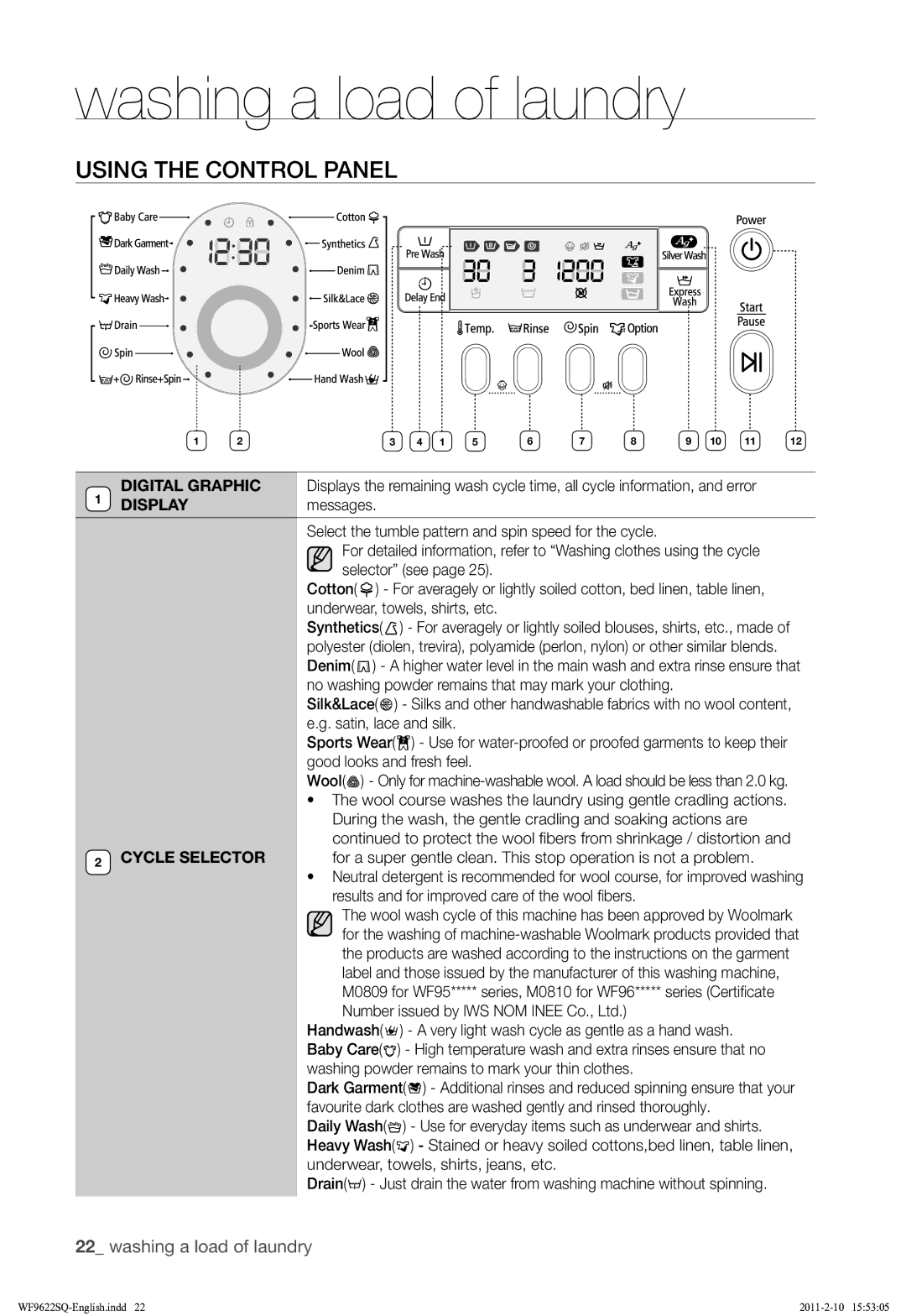 Samsung WF9622SQR/YLE manual Using the Control Panel, Results and for improved care of the wool ﬁbers 