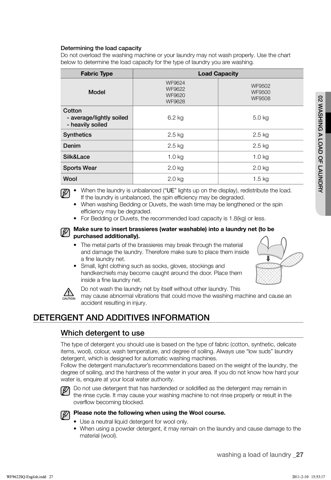 Samsung WF9622SQR/YLE manual Detergent and Additives Information, Which detergent to use, Model, ﬁne laundry net 