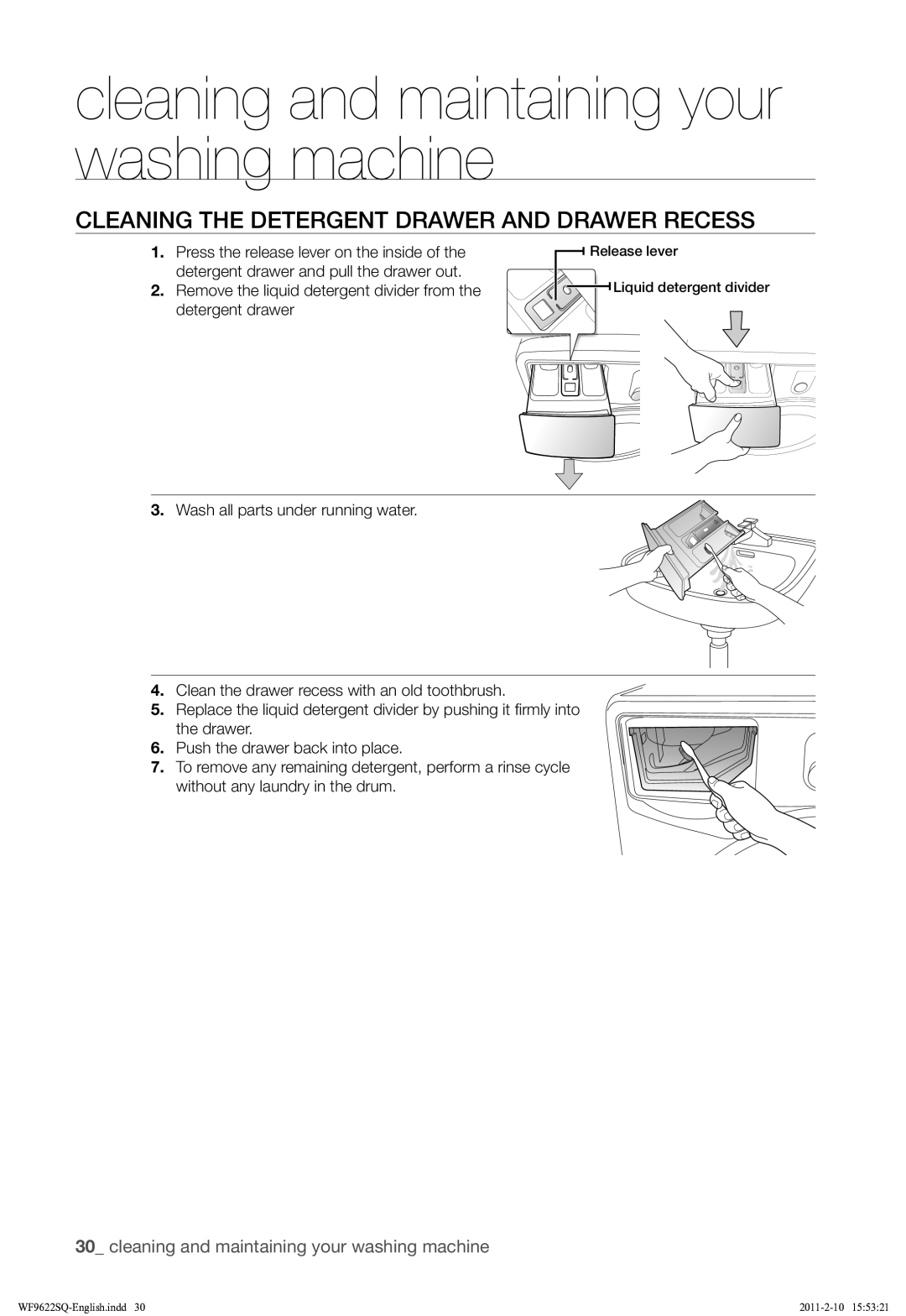 Samsung WF9622SQR/YLE manual Cleaning the Detergent Drawer and Drawer Recess 