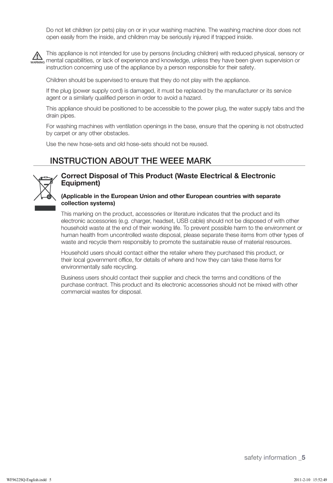 Samsung WF9622SQR/YLE manual Instruction about the Weee Mark 