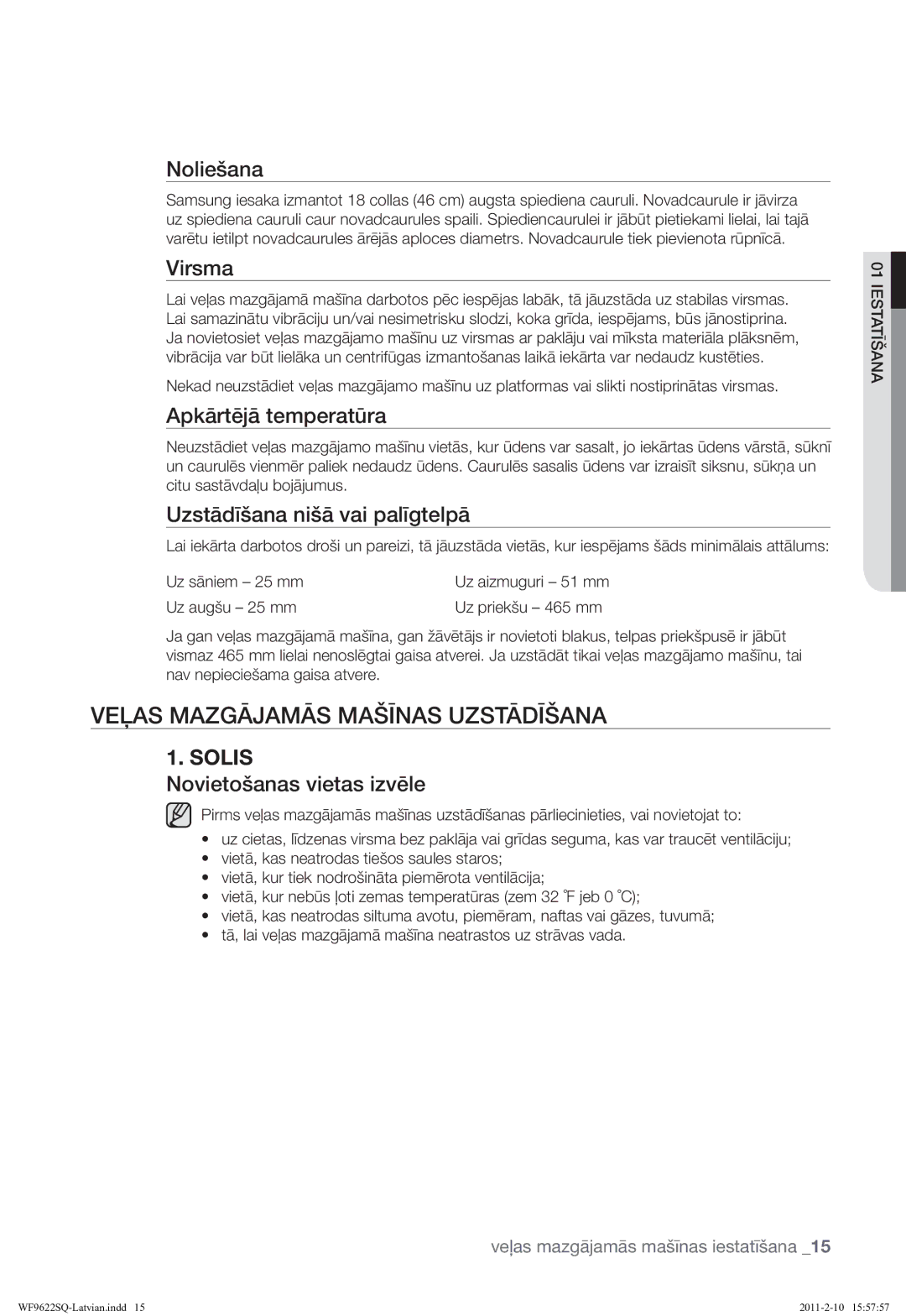 Samsung WF9622SQR/YLE manual Veļas Mazgājamās Mašīnas Uzstādīšana 