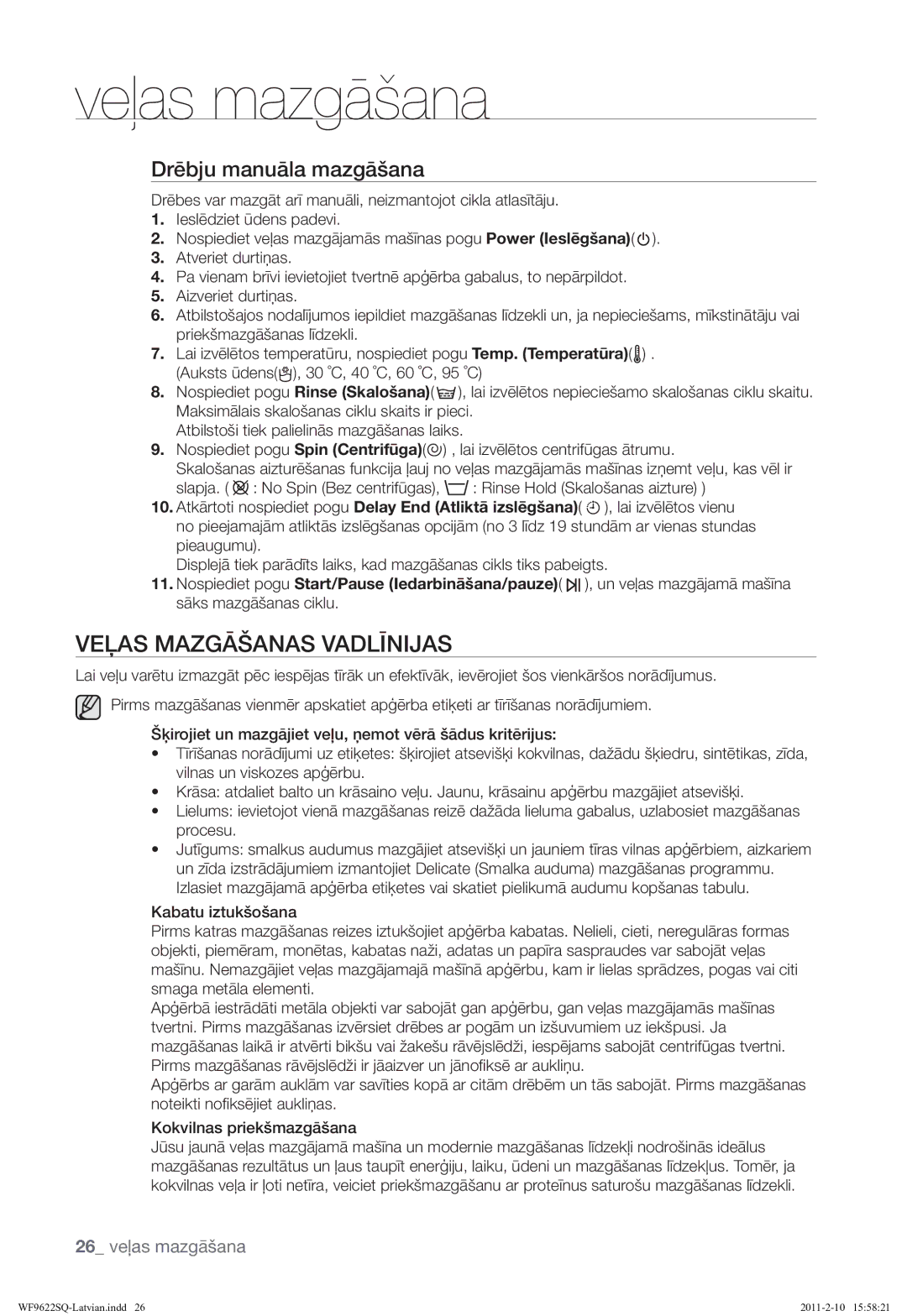 Samsung WF9622SQR/YLE manual Veļas Mazgāšanas Vadlīnijas, Drēbju manuāla mazgāšana, 26 veļas mazgāšana 