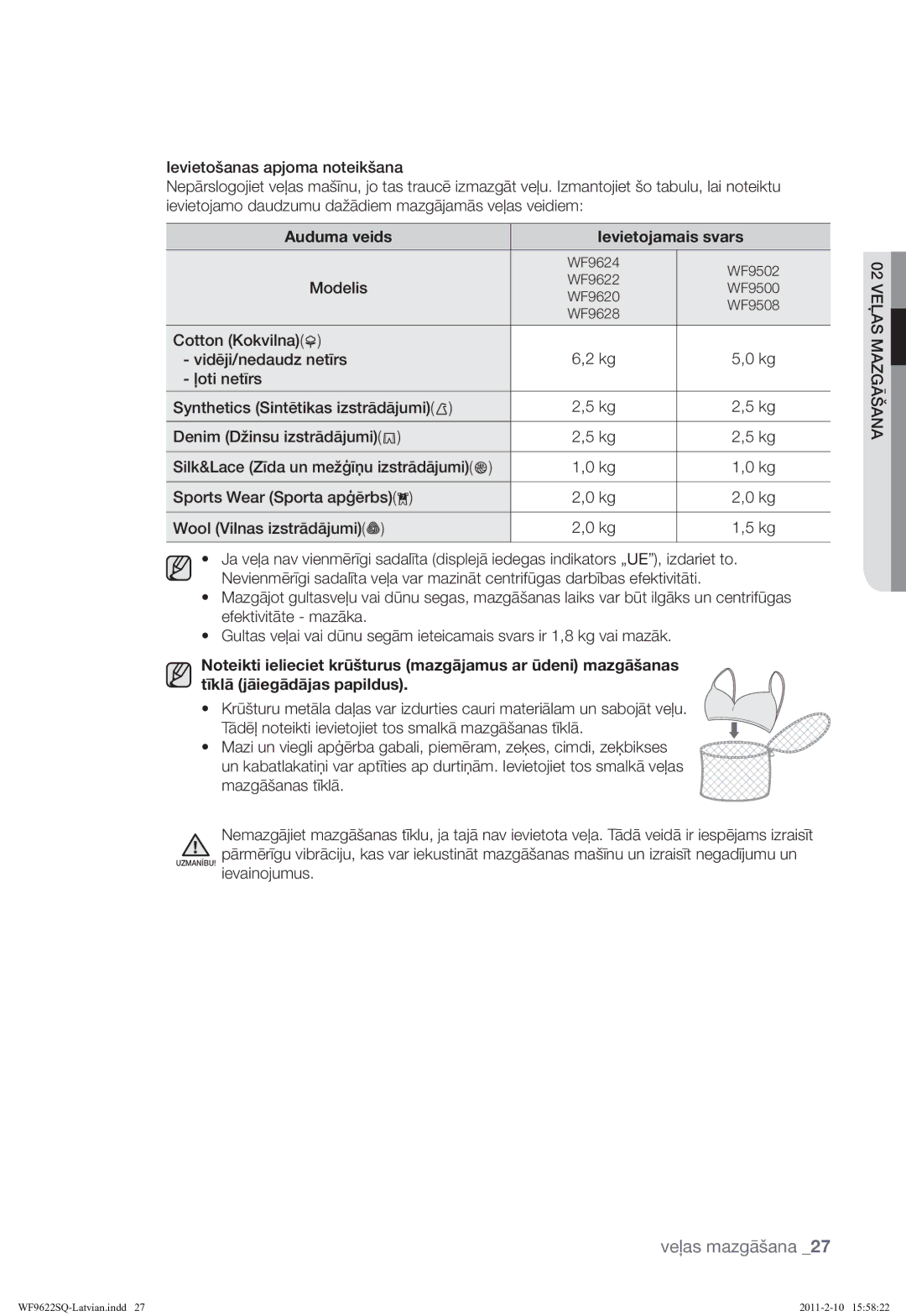 Samsung WF9622SQR/YLE manual Auduma veids Ievietojamais svars 