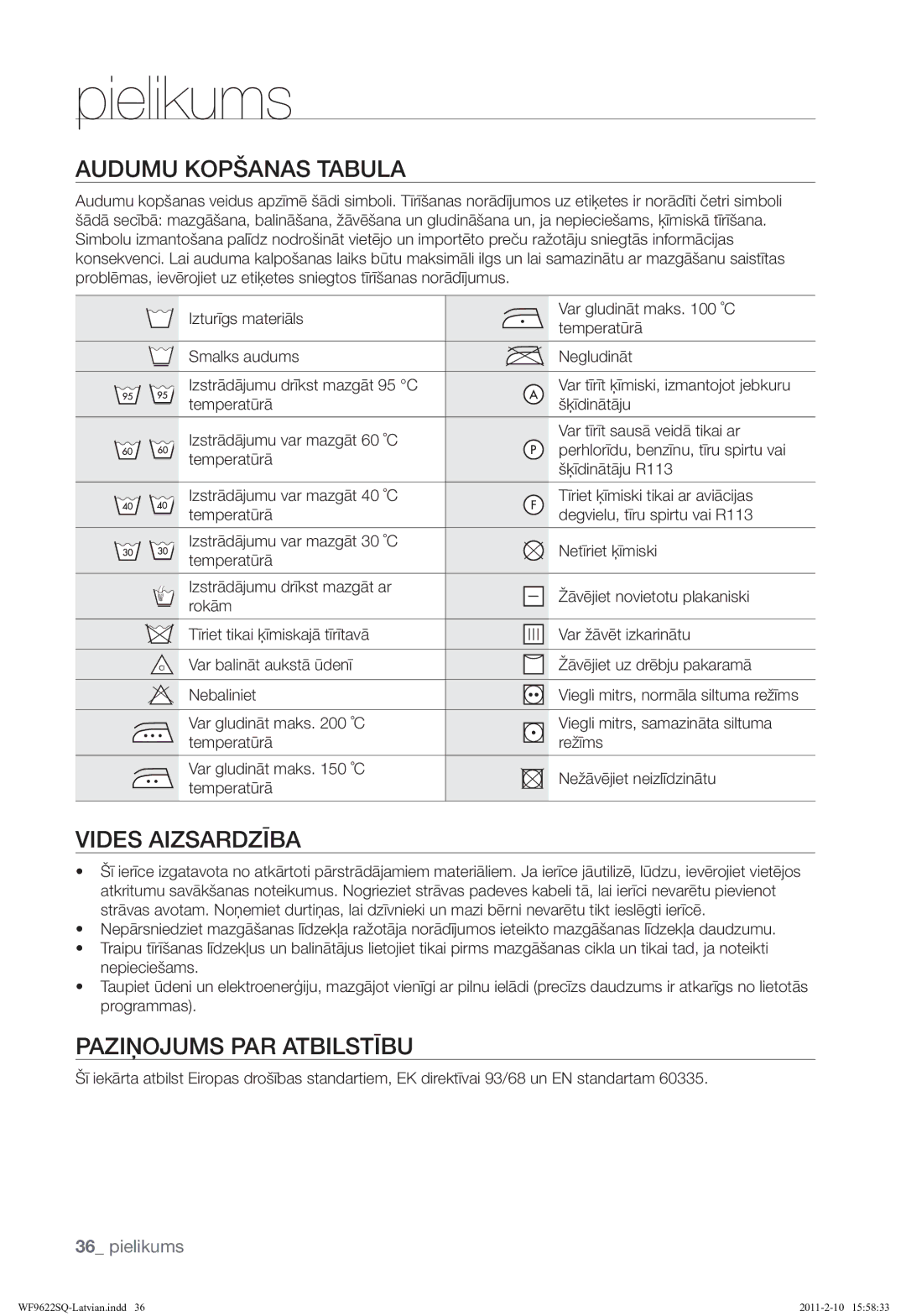 Samsung WF9622SQR/YLE manual Pielikums, Audumu Kopšanas Tabula, Vides Aizsardzība, Paziņojums PAR Atbilstību 