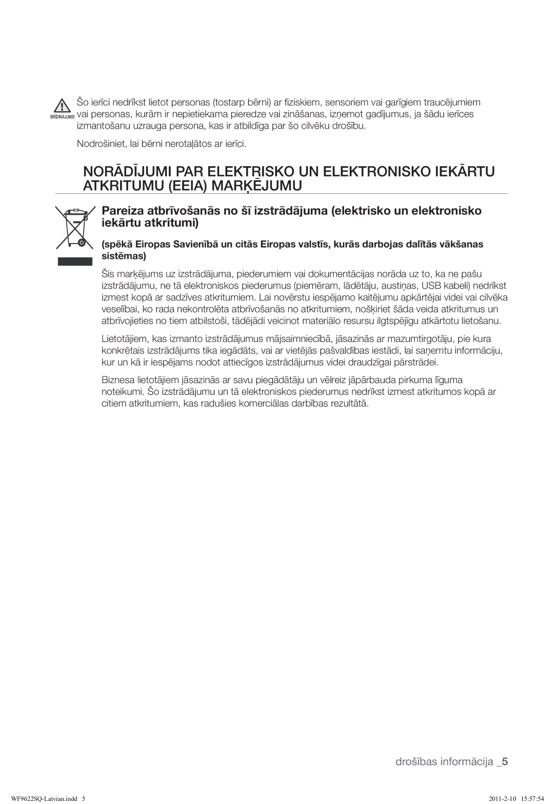 Samsung WF9622SQR/YLE manual Drošības informācija 