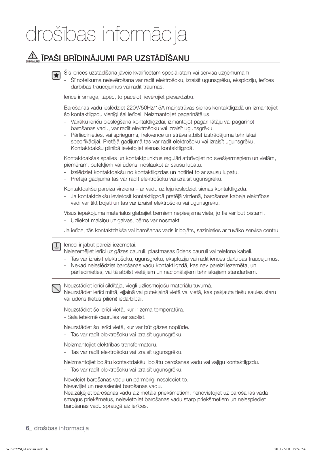 Samsung WF9622SQR/YLE manual BRĪDINĀJUMS! Īpaši Brīdinājumi PAR Uzstādīšanu 