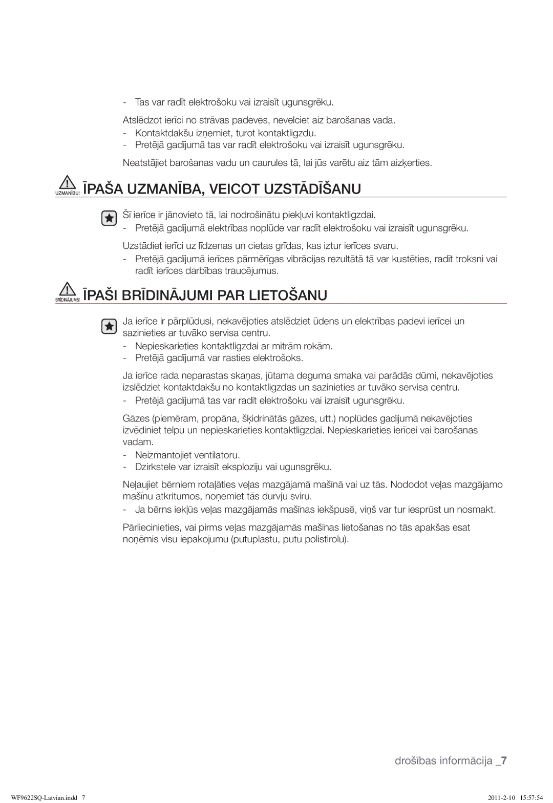 Samsung WF9622SQR/YLE manual UZMANĪBU! Īpaša UZMANĪBA, Veicot Uzstādīšanu, BRĪDINĀJUMS! Īpaši Brīdinājumi PAR Lietošanu 