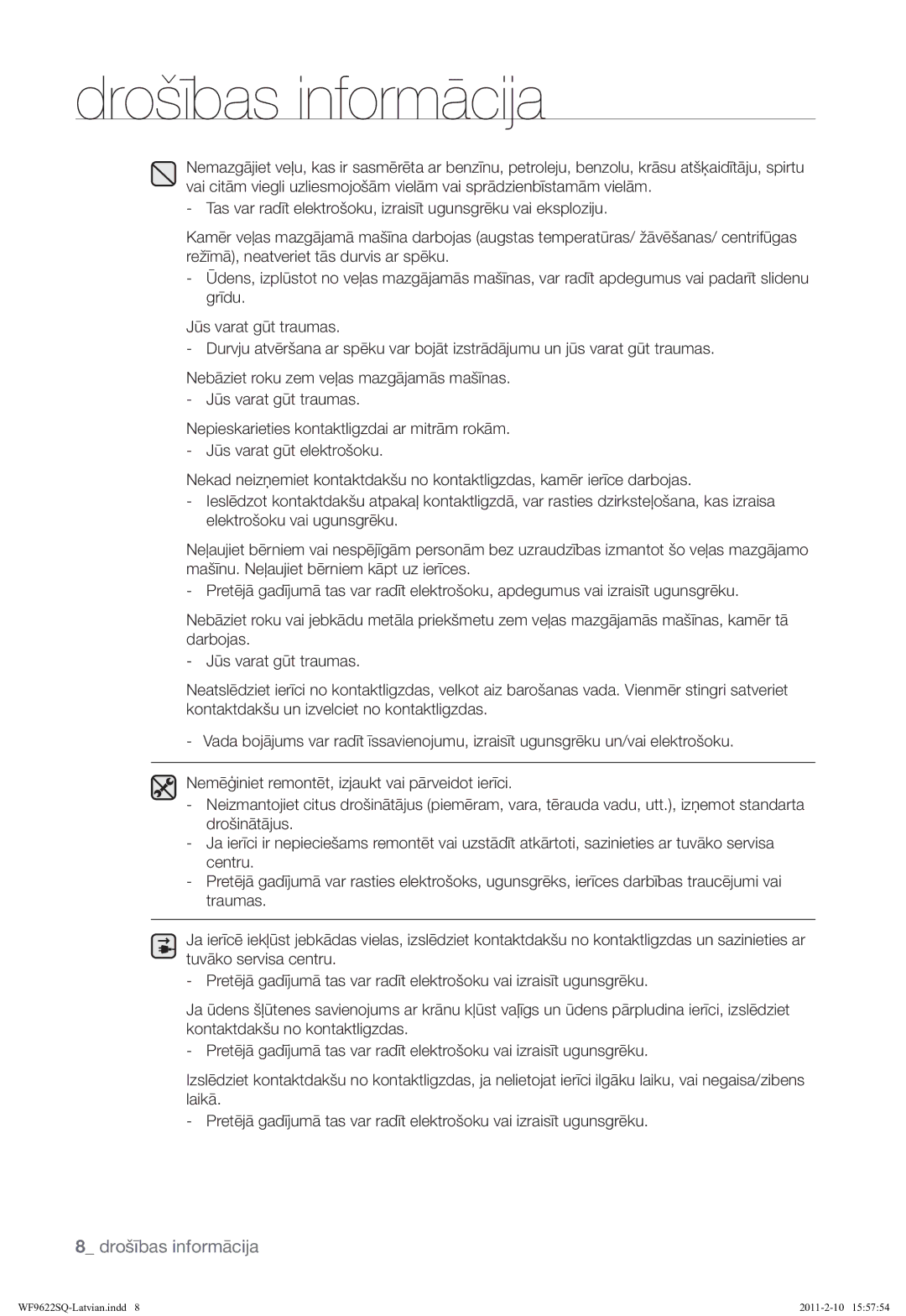 Samsung WF9622SQR/YLE manual Drošības informācija 