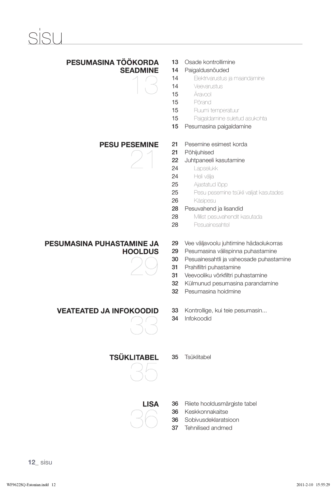 Samsung WF9622SQR/YLE manual Sisu, Keskkonnakaitse, Sobivusdeklaratsioon, Tehnilised andmed 