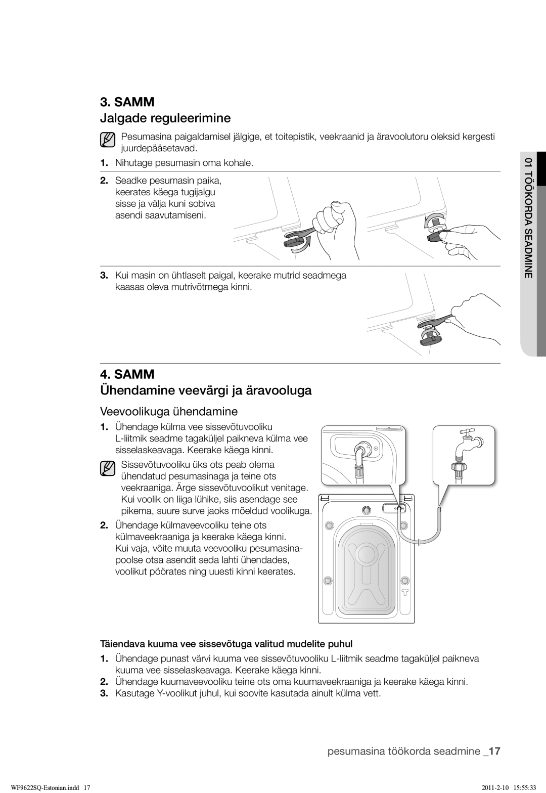 Samsung WF9622SQR/YLE manual Jalgade reguleerimine, Ühendamine veevärgi ja äravooluga 