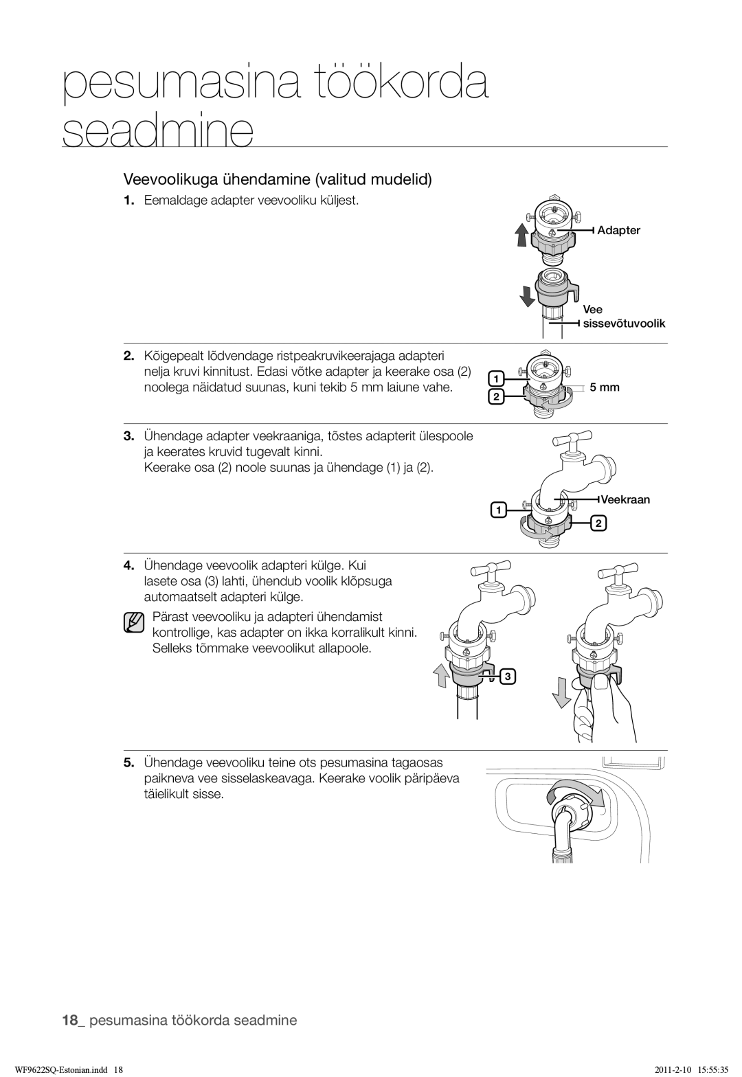 Samsung WF9622SQR/YLE manual Veevoolikuga ühendamine valitud mudelid, Eemaldage adapter veevooliku küljest 