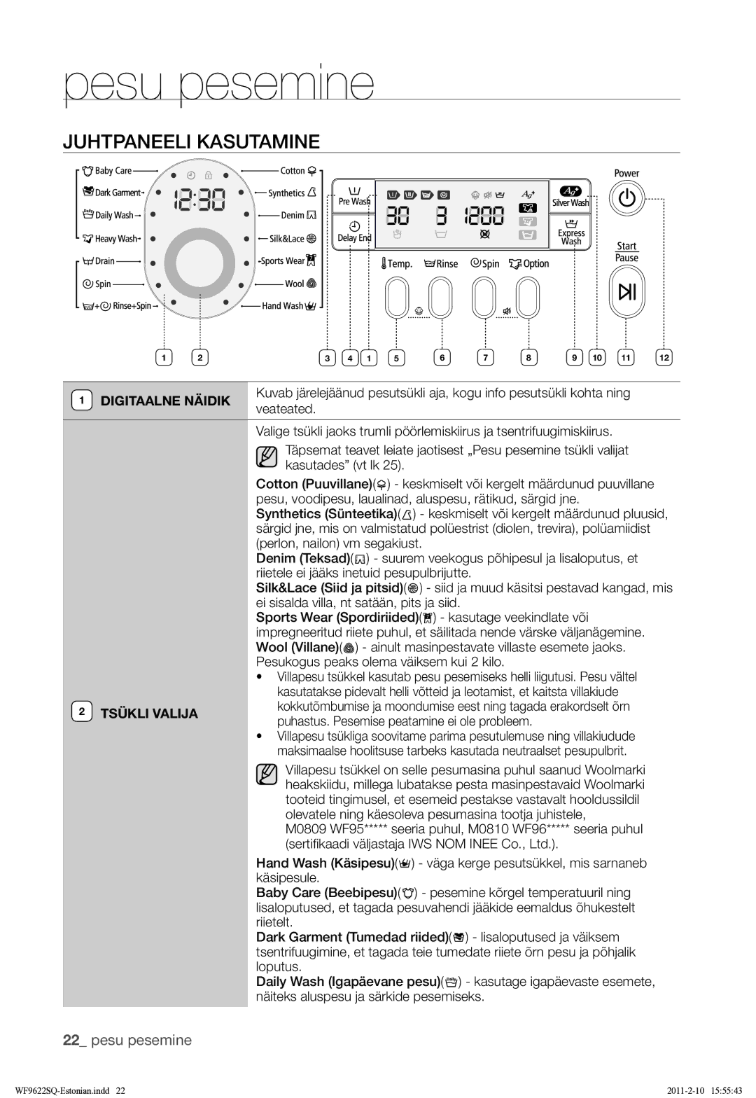 Samsung WF9622SQR/YLE manual Juhtpaneeli Kasutamine, Digitaalne Näidik, Veateated, Kasutades vt lk, Tsükli Valija 