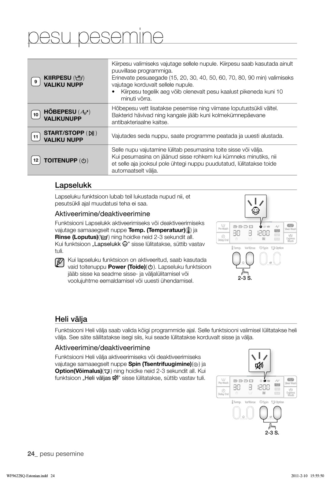 Samsung WF9622SQR/YLE manual Heli välja, Kiirpesu, Hõbepesu, Start/Stopp 