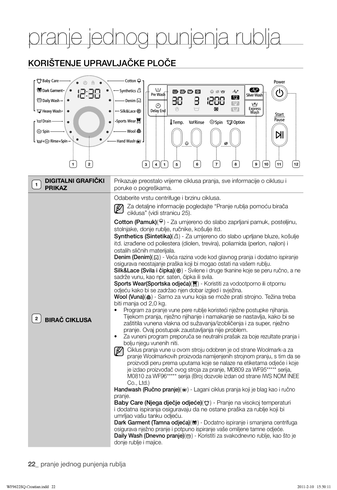 Samsung WF9622SQR/YLE manual Korištenje Upravljačke Ploče, Prikaz, Birač Ciklusa 