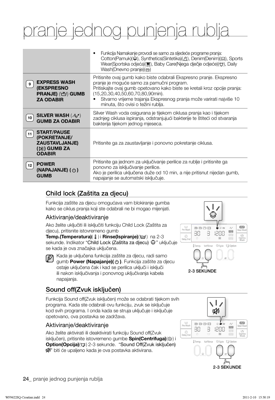 Samsung WF9622SQR/YLE manual Sound offZvuk isključen 