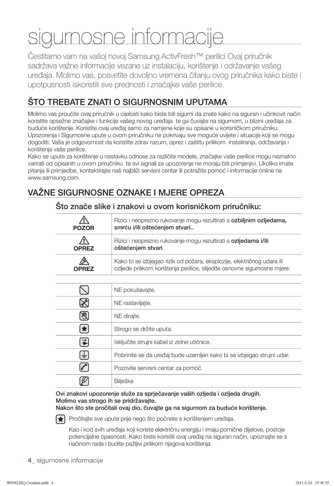 Samsung WF9622SQR/YLE manual Sigurnosne informacije, ŠTO Trebate Znati O Sigurnosnim Uputama 