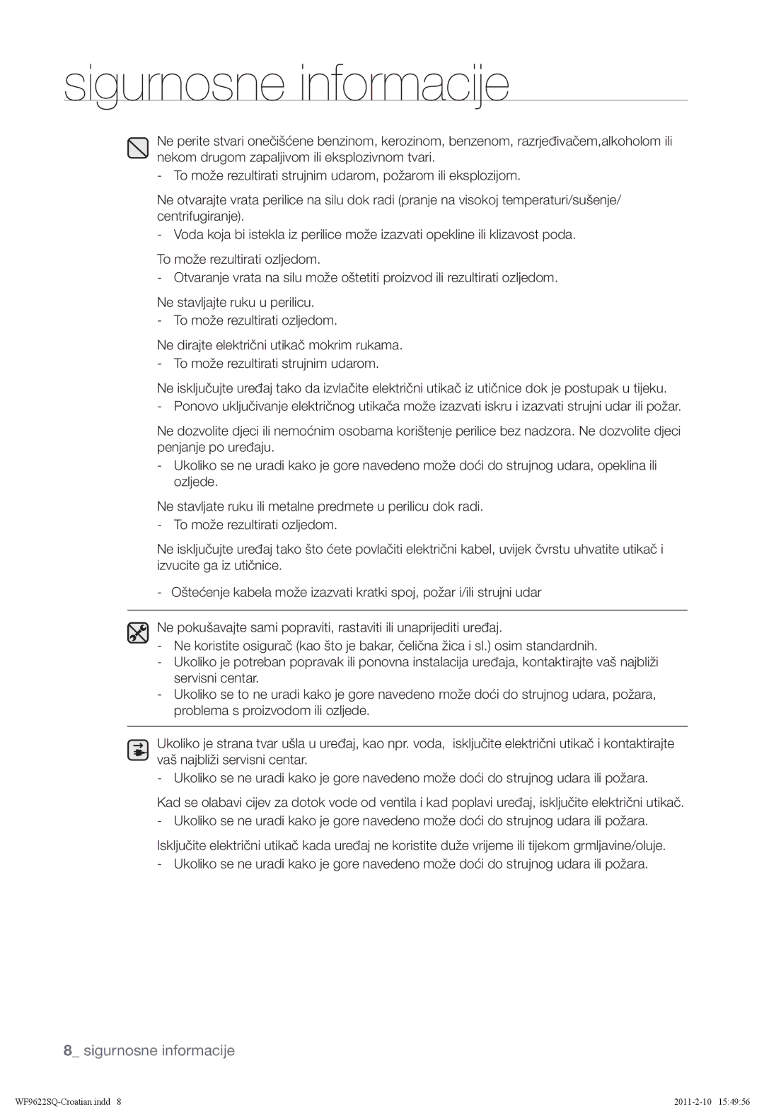 Samsung WF9622SQR/YLE manual Sigurnosne informacije 