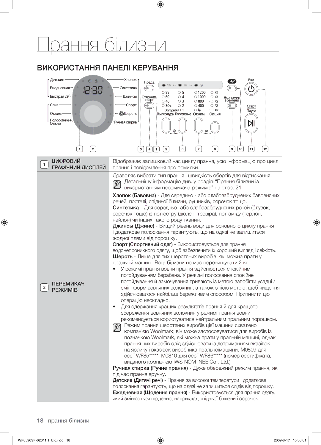 Samsung WF9700N3W/XET, WF8590SFV/YLP, WF9592SRK/YLP Використання Панелі Керування, 18 прання білизни, Перемикач, Режимів 