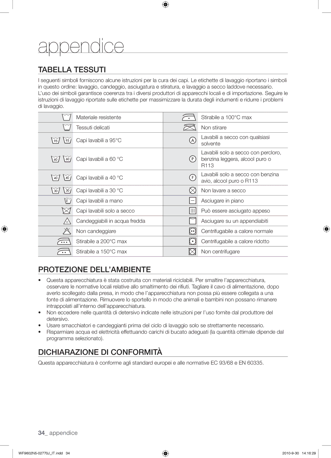 Samsung WF9602N5V/XET, WF9700N5W/XET Appendice, Tabella Tessuti, Protezione DELL’AMBIENTE, Dichiarazione DI Conformità 