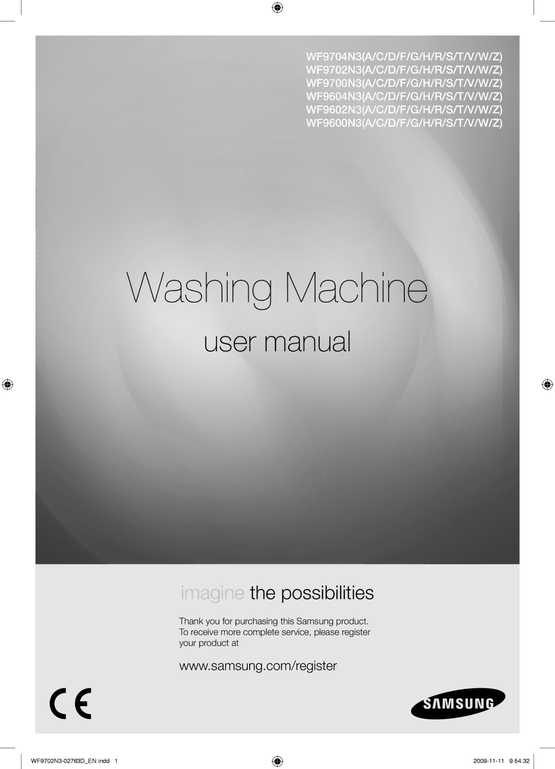 Samsung WF9702N3C/YLE manual Washing Machine 