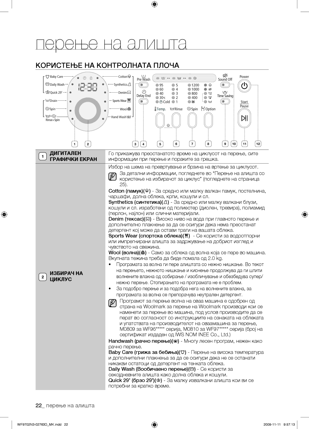 Samsung WF9702N3C/YLE Користење НА Контролната Плоча, 22 перење на алишта, Дигитален, Графички Екран, Избирач НА Циклус 